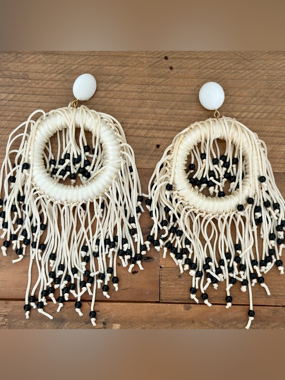 BOHEMIAN DREAM CREAM MACRAME FRINGE HOOPS W/ BLACK BEADS STATEMENT EARRINGS 5"